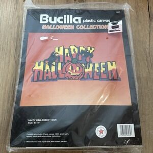 VTG bucilla Cross Stitch plastic canvas happy halloween sign 6032‎ Sealed
